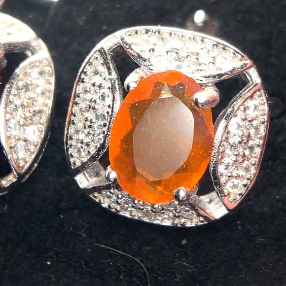 Fire Opal 2.84ct Platinum Finish Solid 925 Sterling Silver Earrings and Pendant - Picture 2 of 7